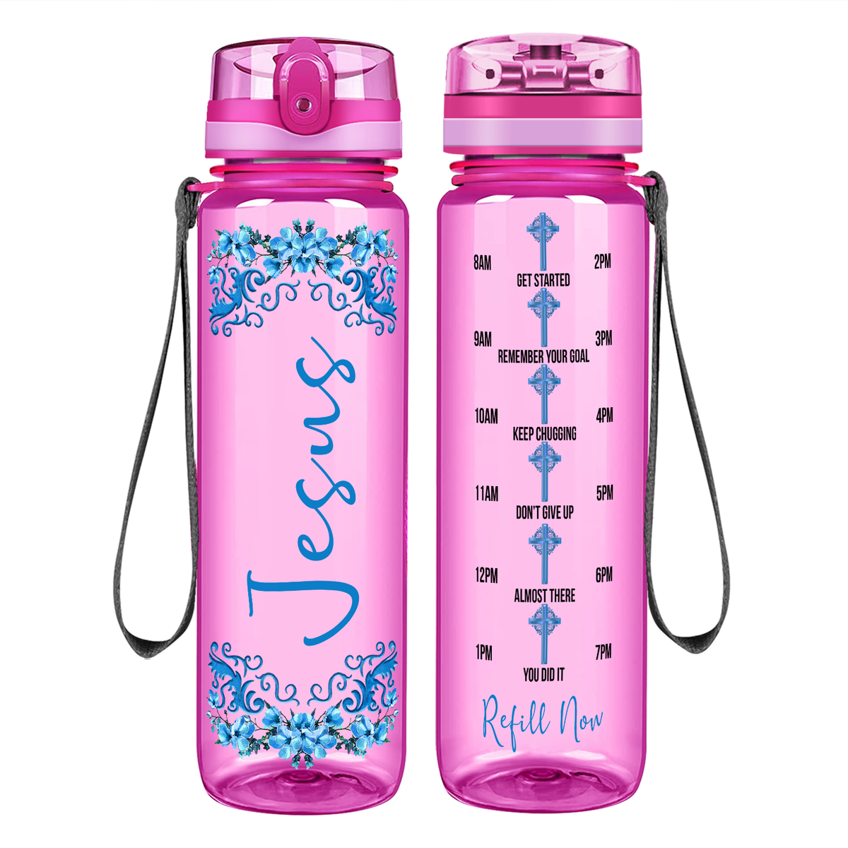 Jesus Blue Fowers Design on 32 oz Motivational Tracking Water Bottle