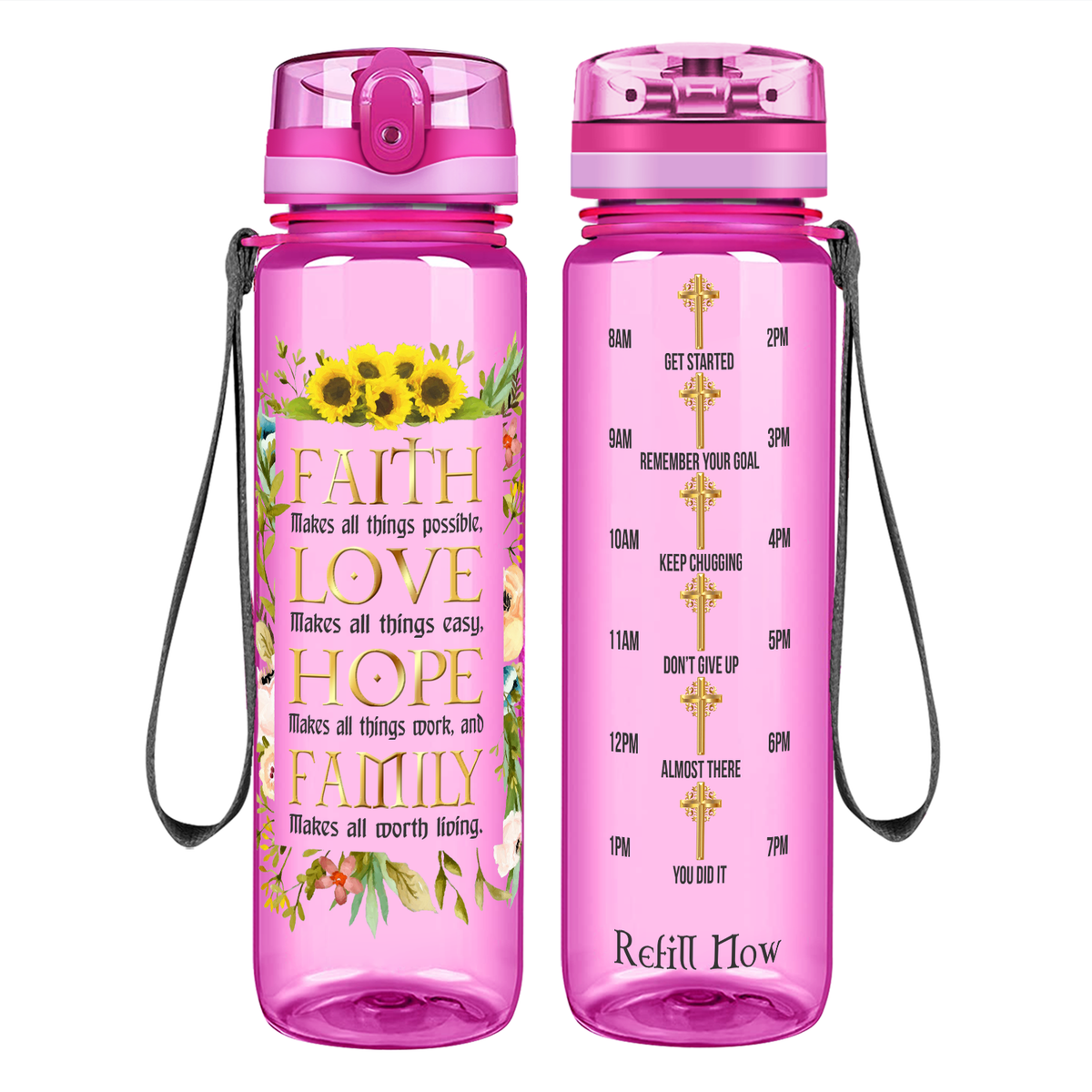 Faith Love Hope Family on 32 oz Motivational Tracking Water Bottle