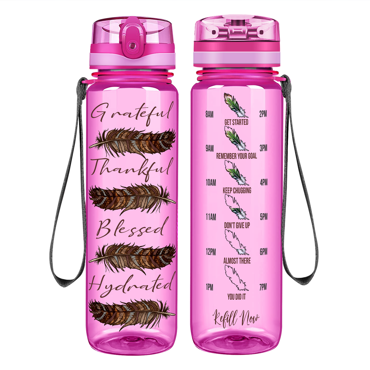 Grateful Thankful Blessed Hydrated with Feathers on 32 oz Motivational Tracking Water Bottle