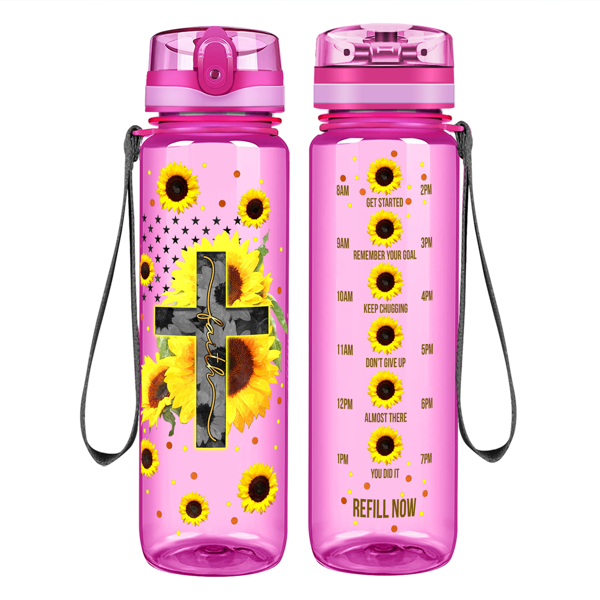 Faith Cross Sunflowers on 32 oz Motivational Tracking Water Bottle
