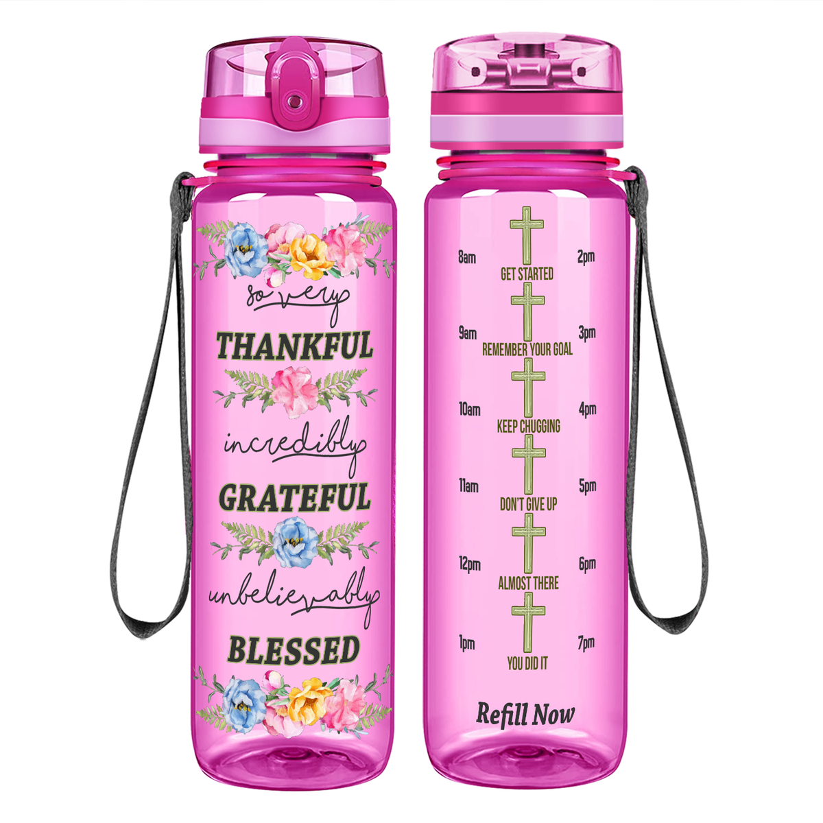 Thankful Grateful Blessed on 32 oz Motivational Tracking Water Bottle