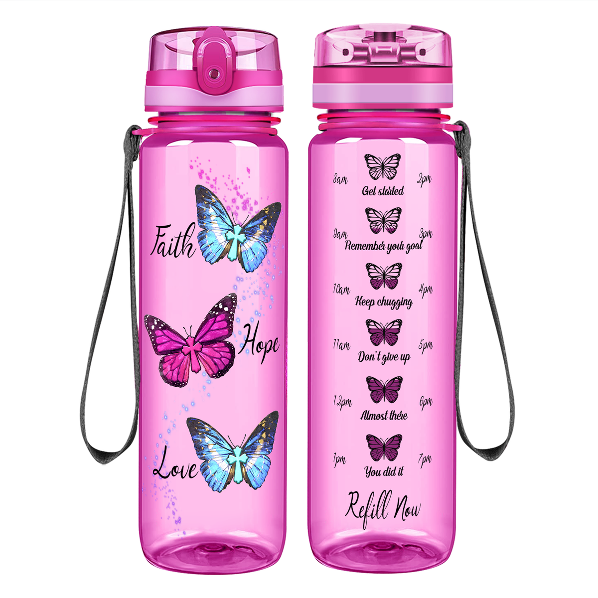 Faith Hope Love Butterflies on 32 oz Motivational Tracking Water Bottle