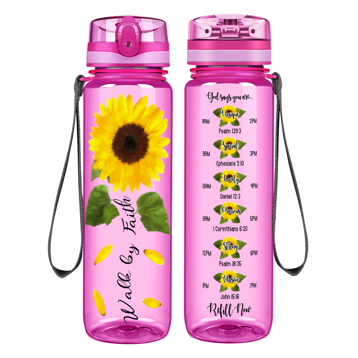 Walk By Faith Sunflower on 32 oz Motivational Tracking Water Bottle
