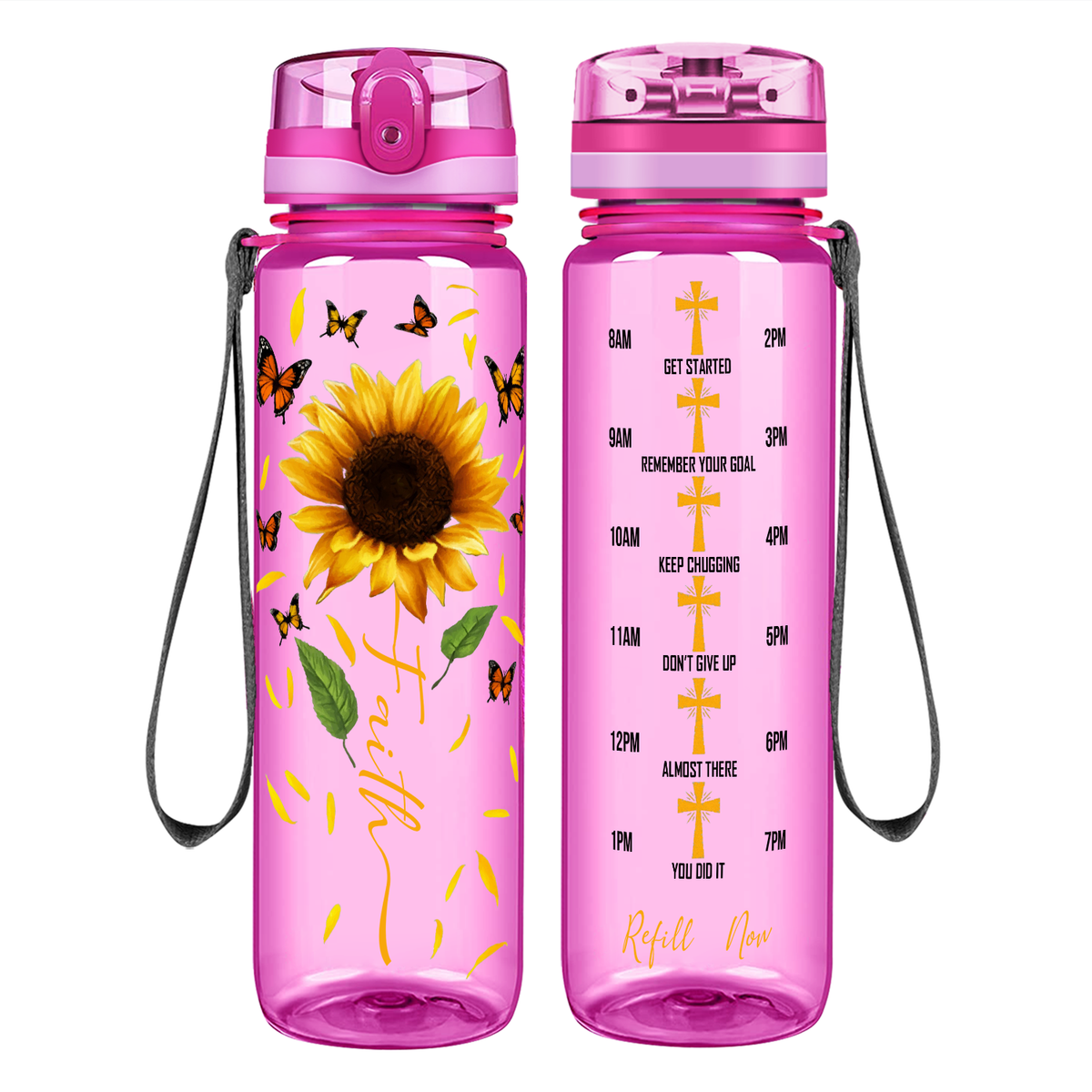 Faith Sunflowers Butterflies on 32 oz Motivational Tracking Water Bottle