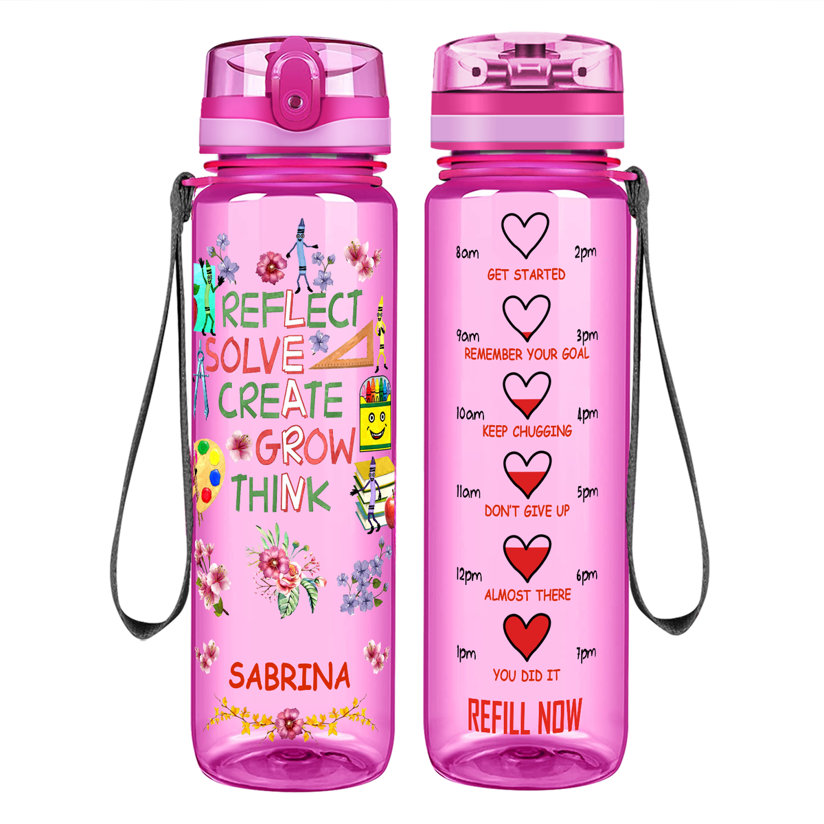 Personalized Reflect Solve Create Grow Think on 32 oz Motivational Tracking Water Bottle