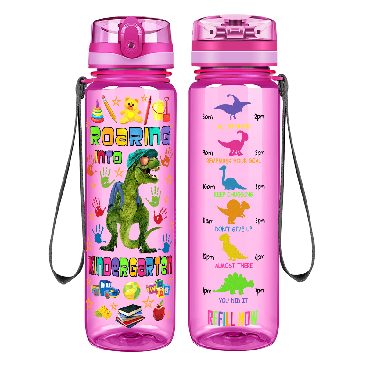 Roaring Into Kindergarten on 32 oz Motivational Tracking Water Bottle