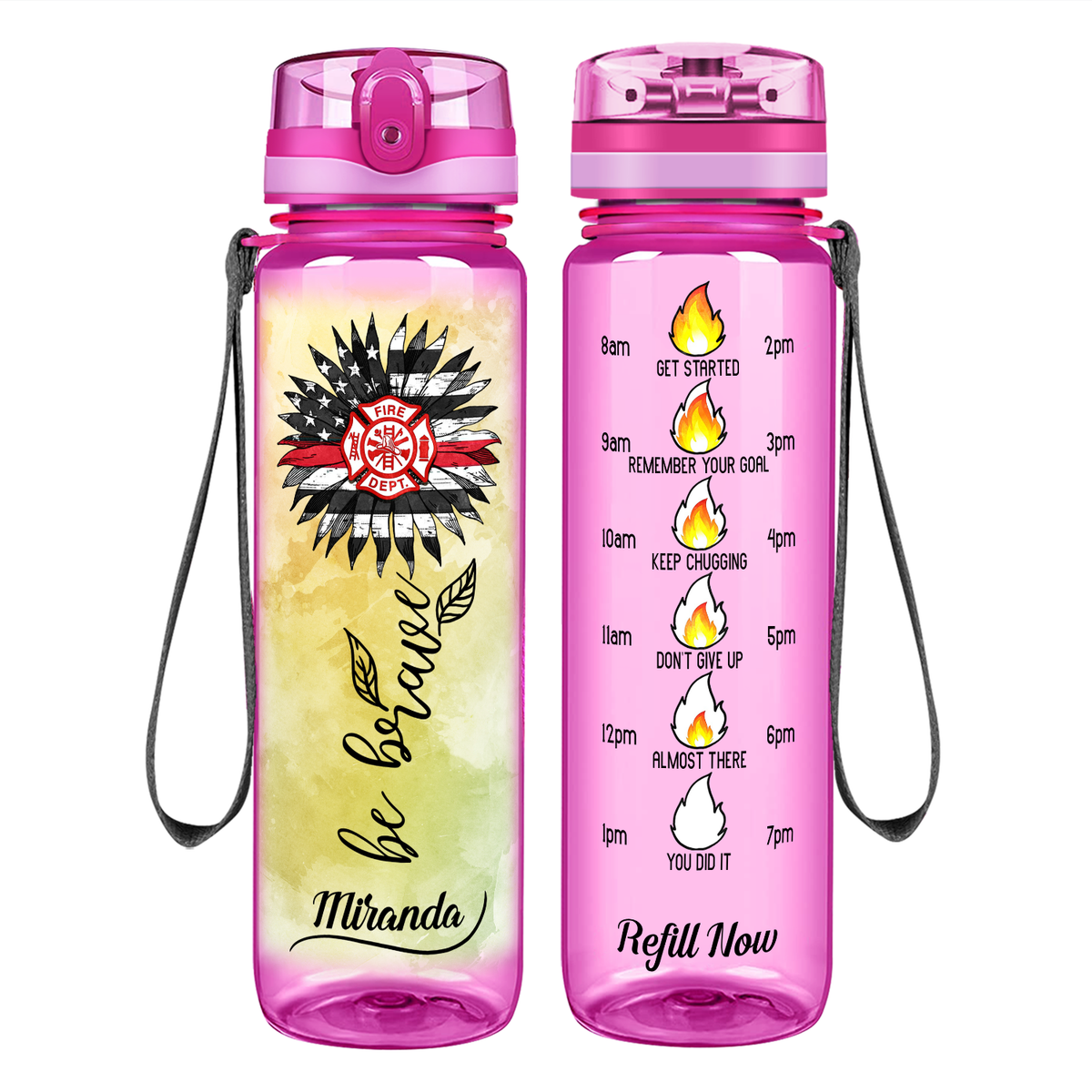 Personalized Firefigher Be Brave on 32 oz Motivational Tracking Water Bottle