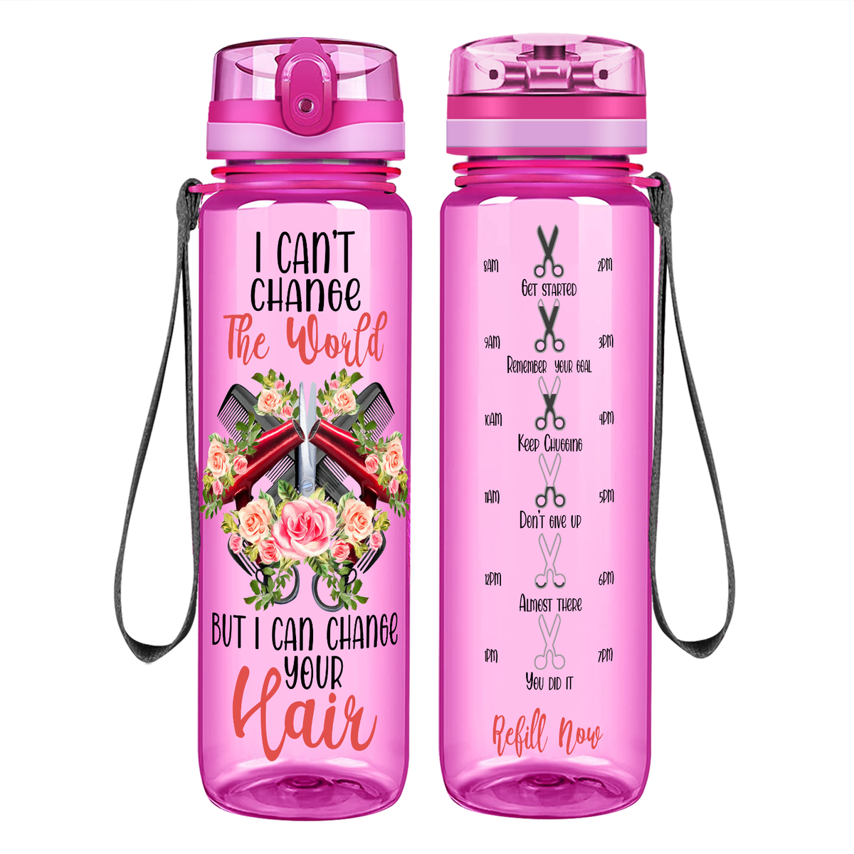I Can't Change The World But I Can Change Your Hair on 32 oz Motivational Tracking Water Bottle