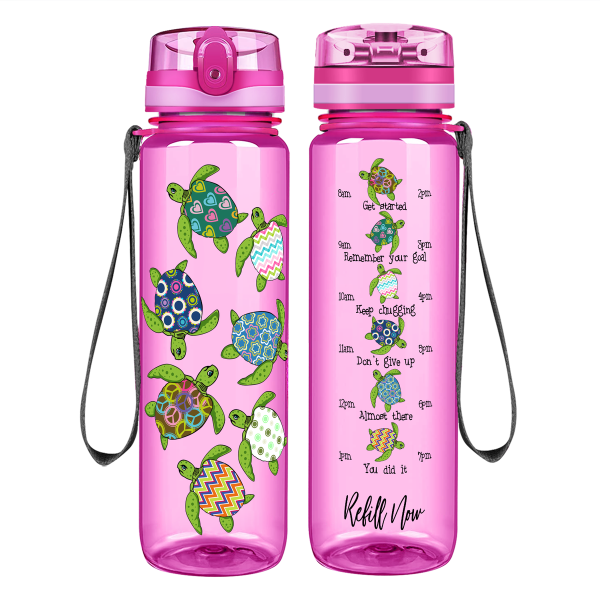 Colorful Turtles on 32 oz Motivational Tracking Water Bottle