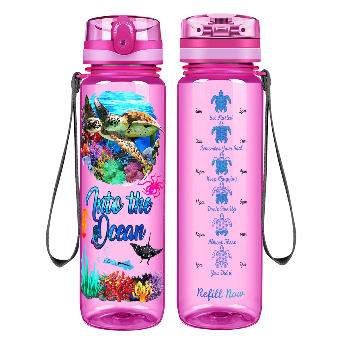 Turtles Into The Ocean on 32 oz Motivational Tracking Water Bottle