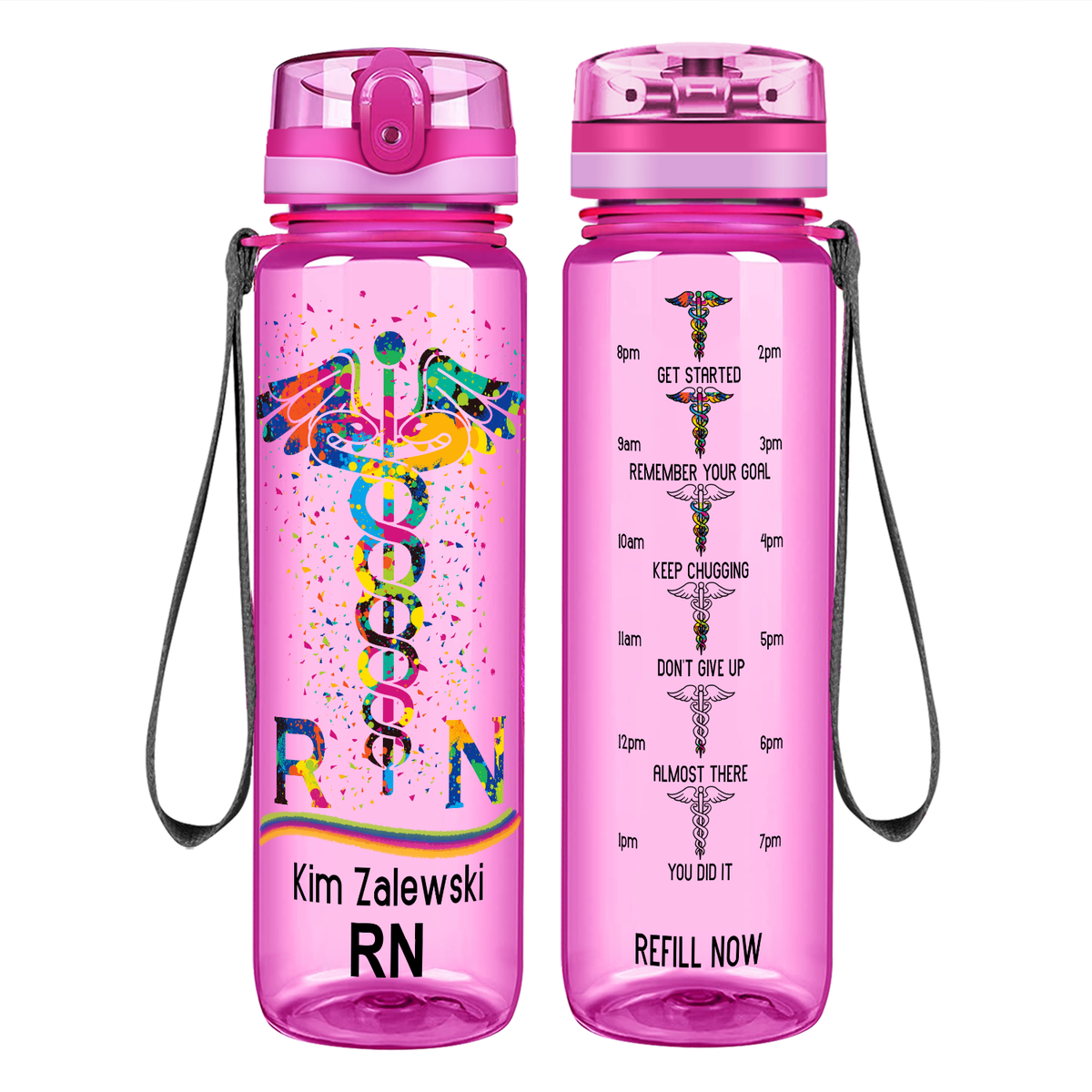Personalized RN Caduceus Rainbow on 32oz Motivational Nurse Water Bottle