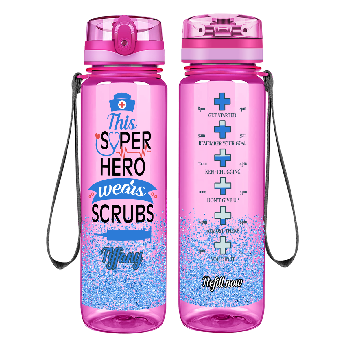 Personalized This Superhero Wears Scrubs on 32oz Motivational Tracking Nurse Water Bottle