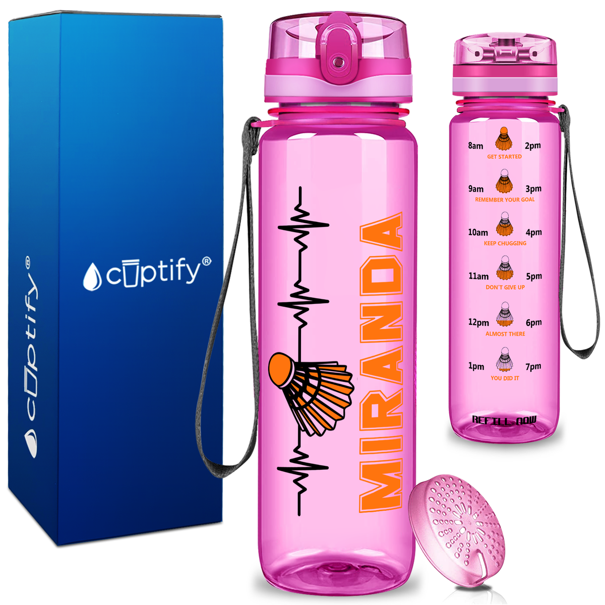 Personalized Badminton Heartbeat on 32 oz Motivational Tracking Water Bottle