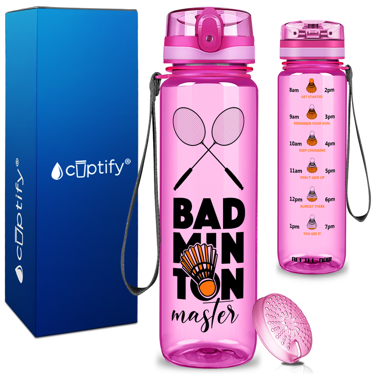 Personalized Badminton Master on 32 oz Motivational Tracking Water Bottle