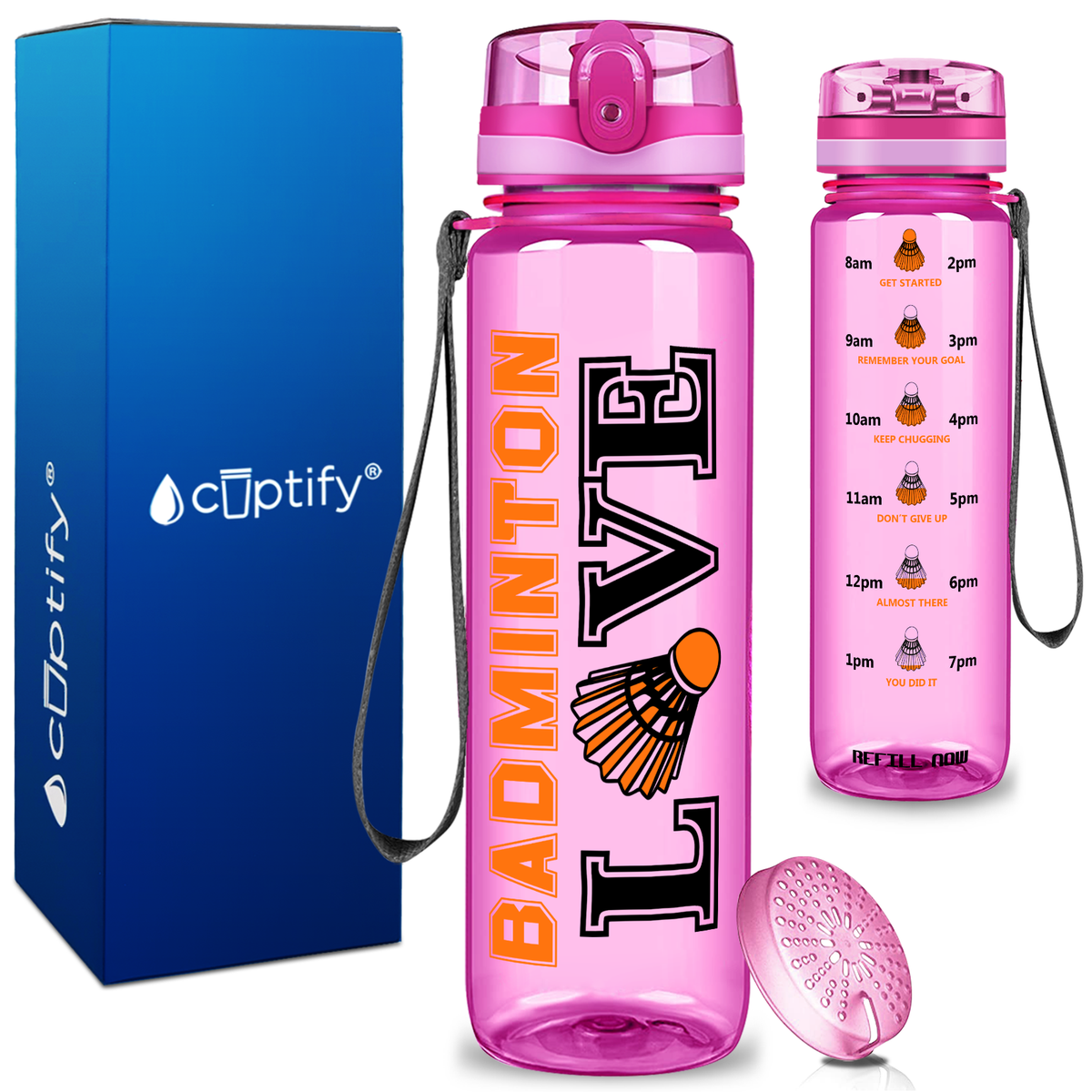 Love Badminton on 32 oz Motivational Tracking Water Bottle