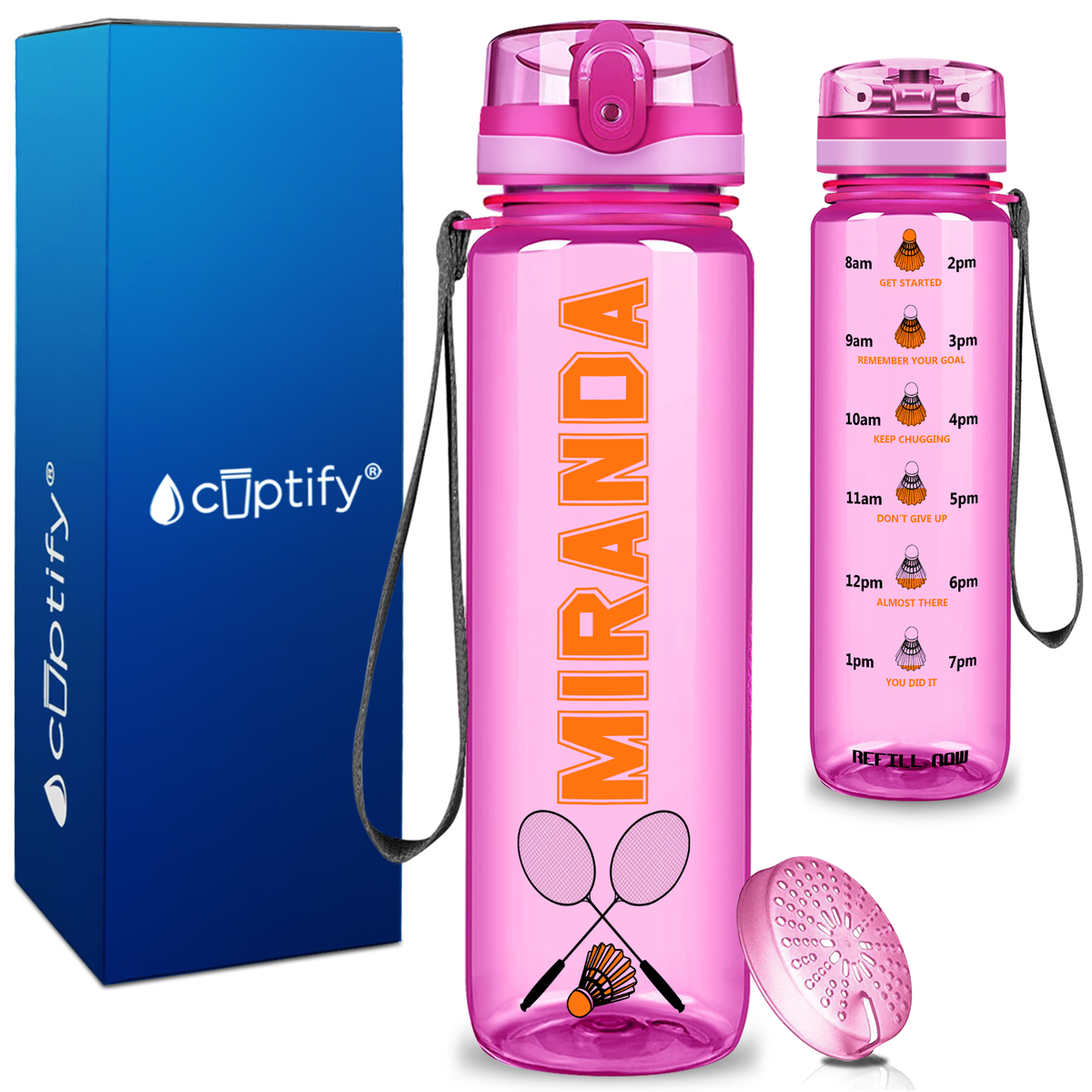 Personalized Badminton Rackets and Shuttlecock on 32 oz Motivational Tracking Water Bottle