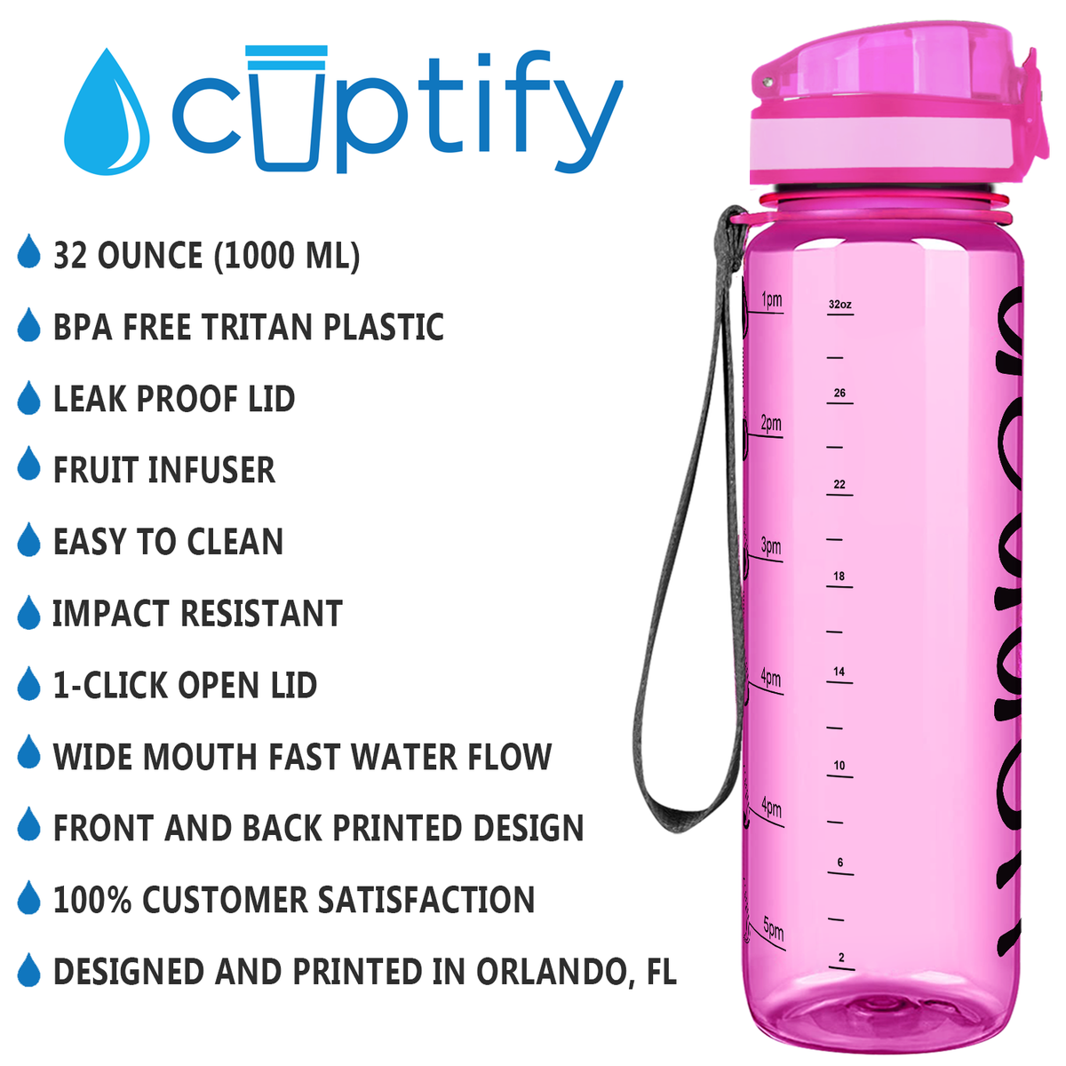 Kids Personalized on Pink 32 oz Motivational Tracking Water Bottle