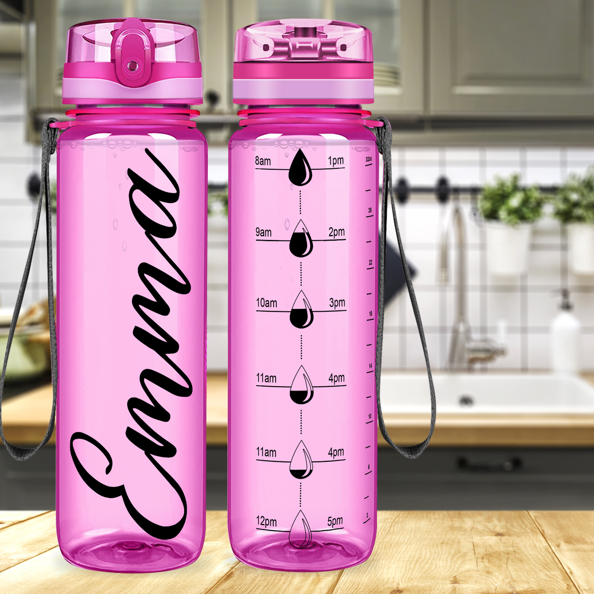 Kids Personalized on Pink 32 oz Motivational Tracking Water Bottle