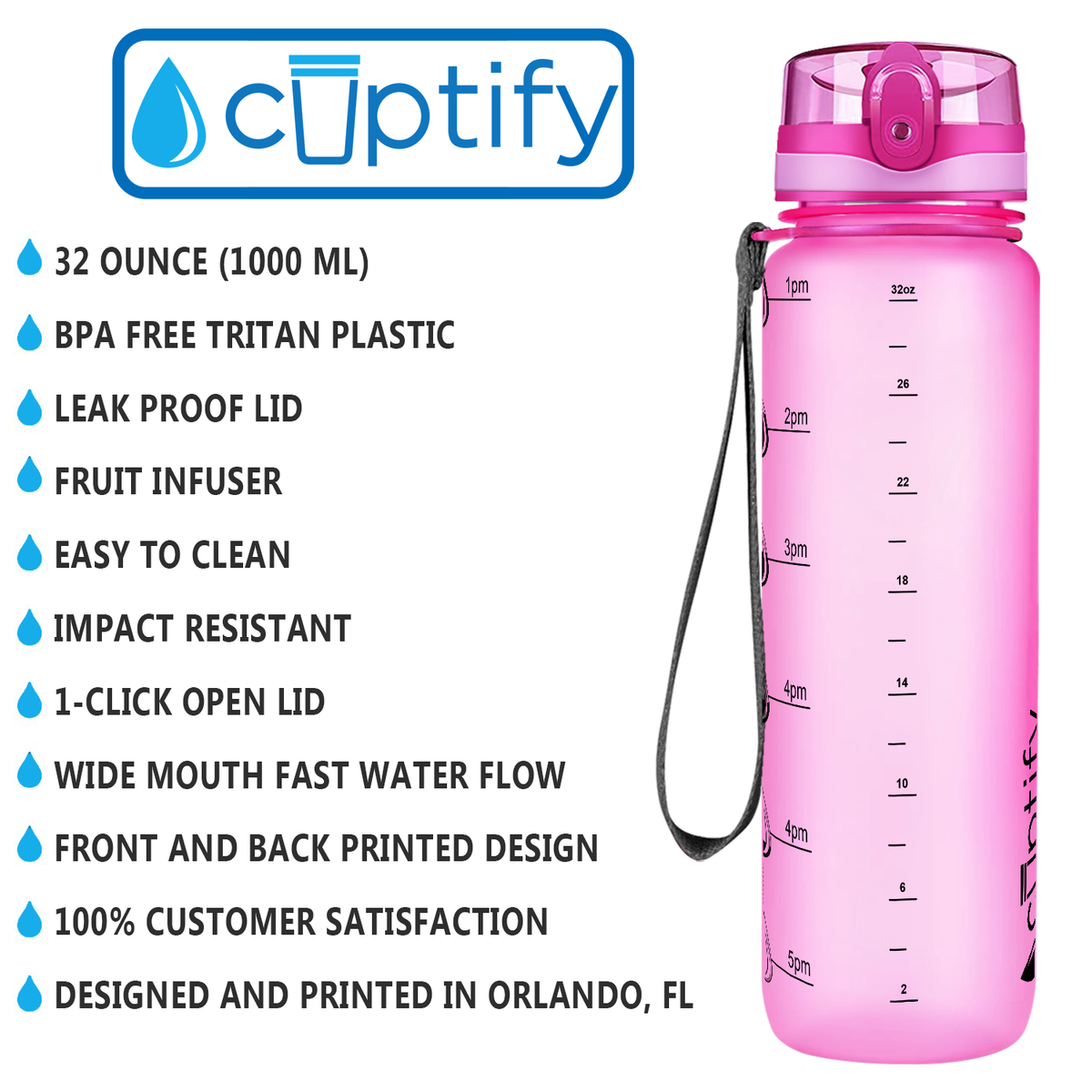 Pink Frosted 32 oz Hydration Tracker Water Bottle