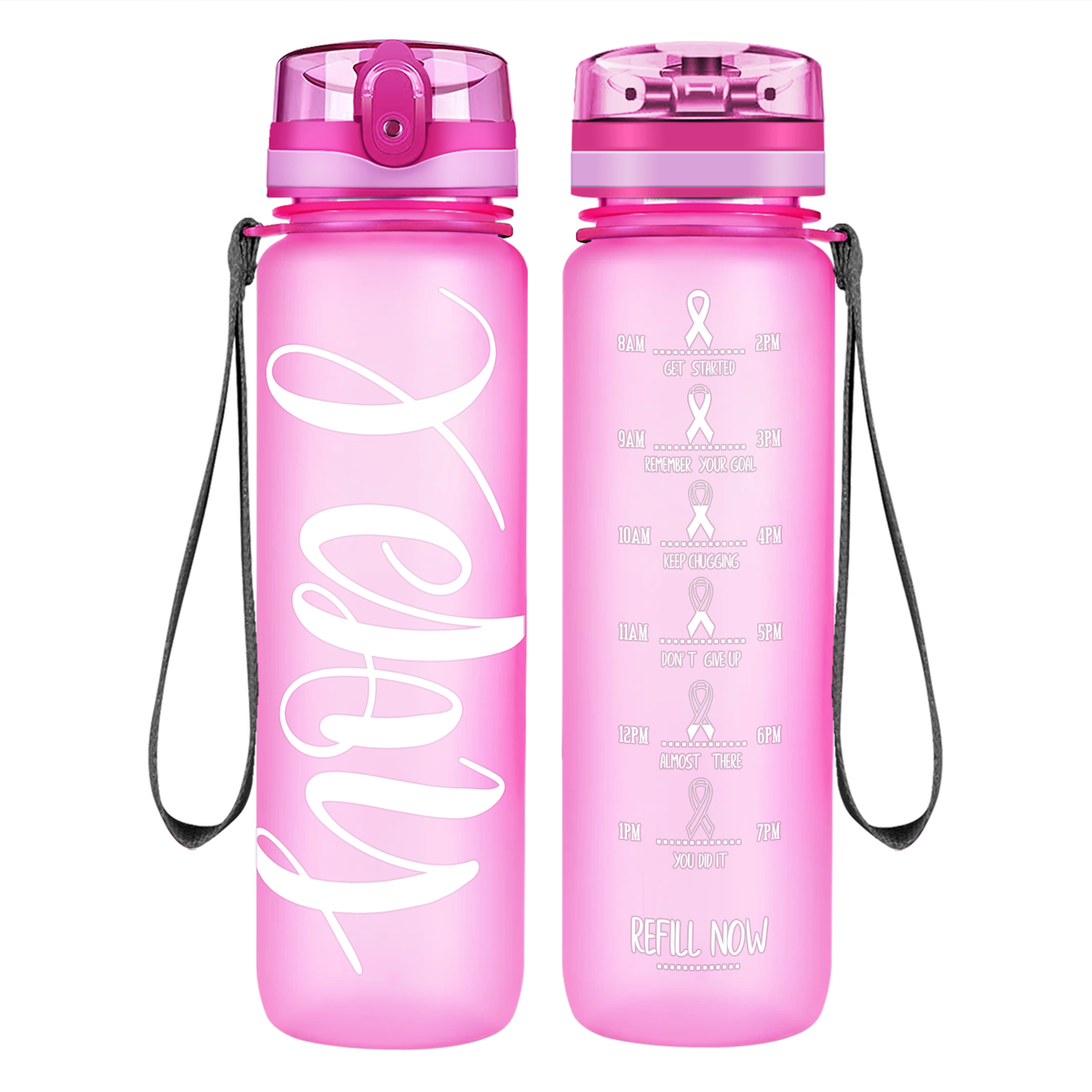 Hope Pink Ribbon on 32 oz Motivational Tracking Breast Cancer Awareness Water Bottle