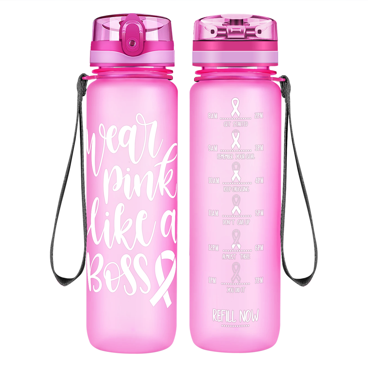 Wear Pink Like a Boss on 32 oz Motivational Tracking Breast Cancer Awareness Water Bottle
