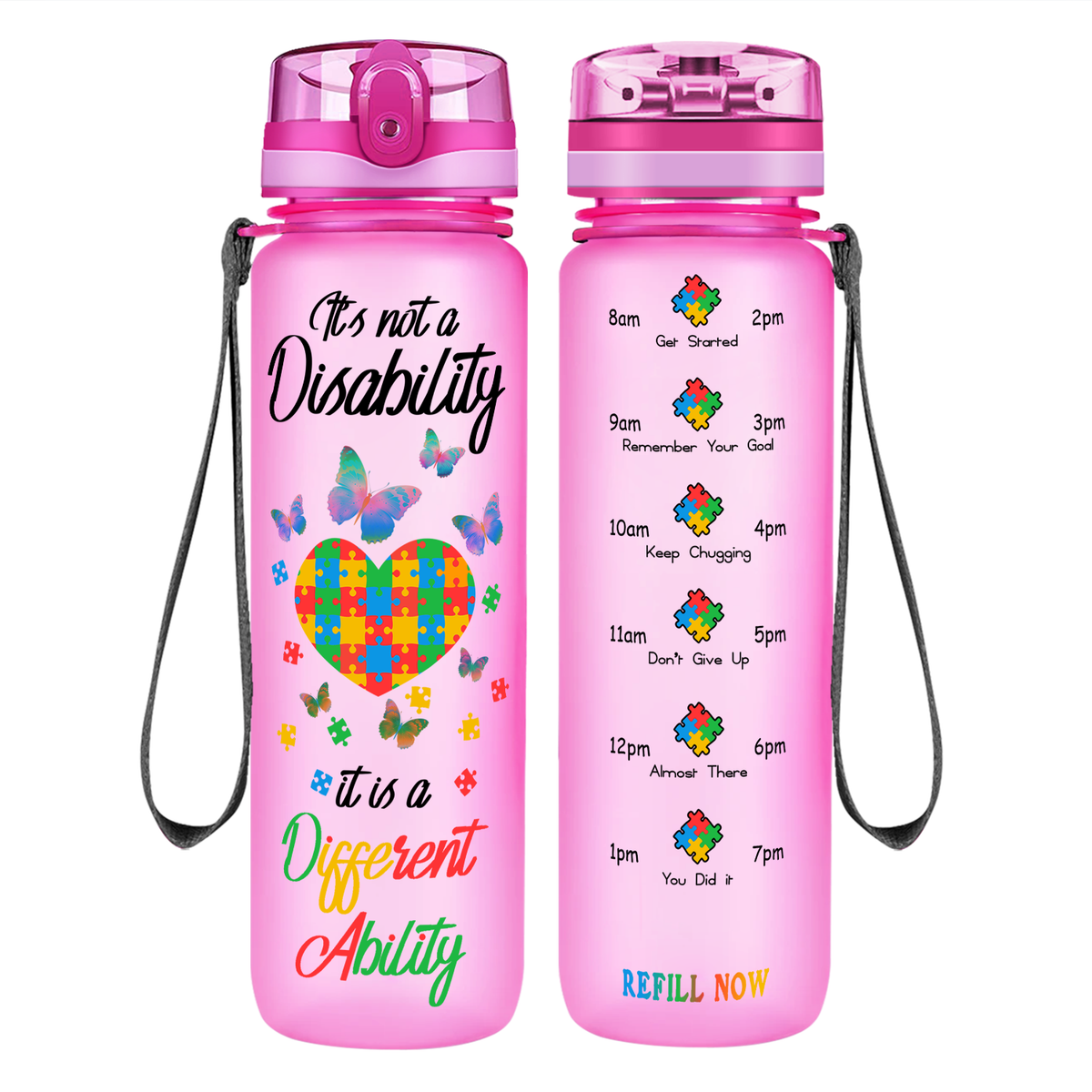 Autism Colorful Butterfly Different Ability on 32 oz Motivational Tracking Water Bottle
