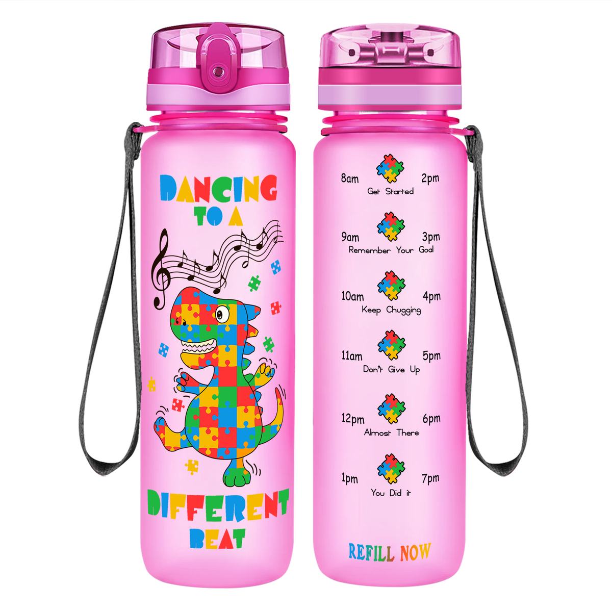 Dancing Dino Different Beat Autism on 32 oz Motivational Tracking Water Bottle