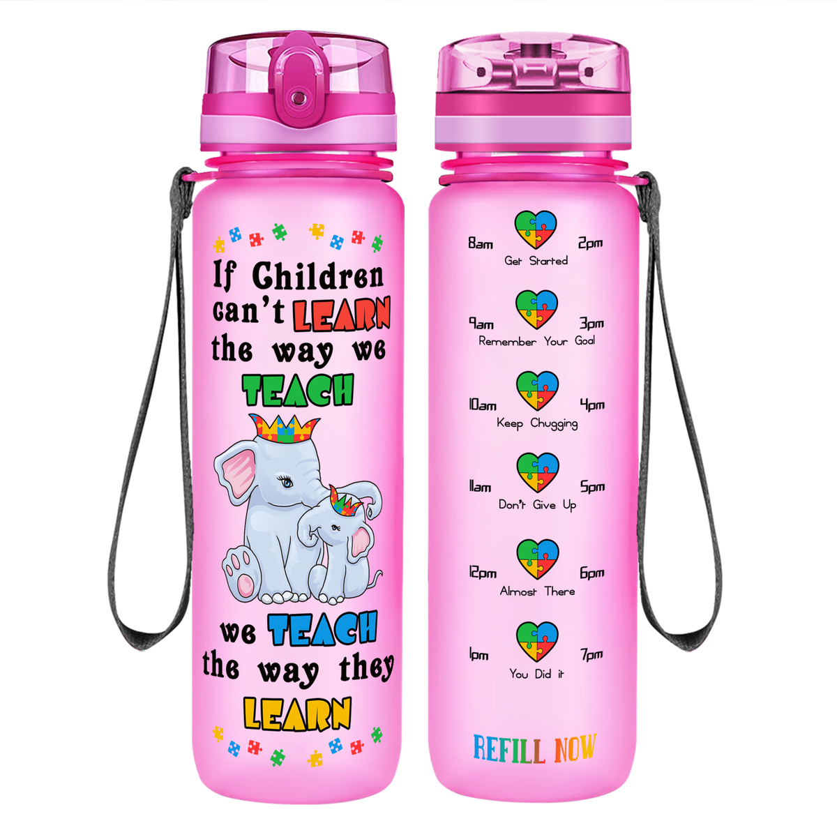Teach The Way They Learn Elephants on 32 oz Motivational Tracking Autism Water Bottle