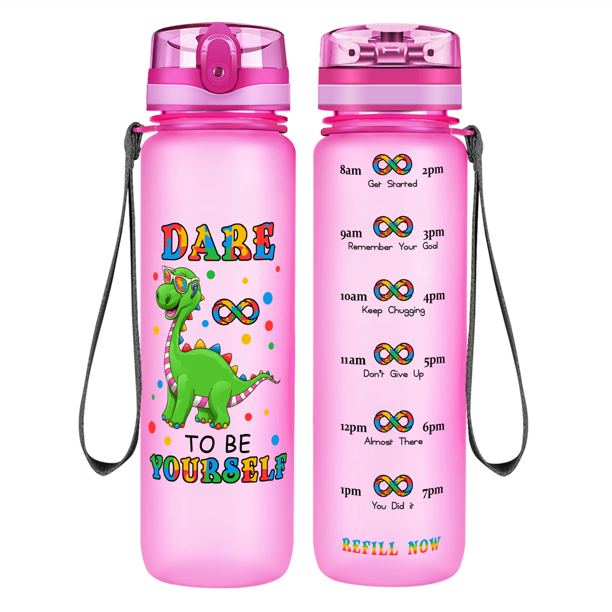 Dinosaur Dare To Be Yourself on 32 oz Motivational Tracking Autism Water Bottle
