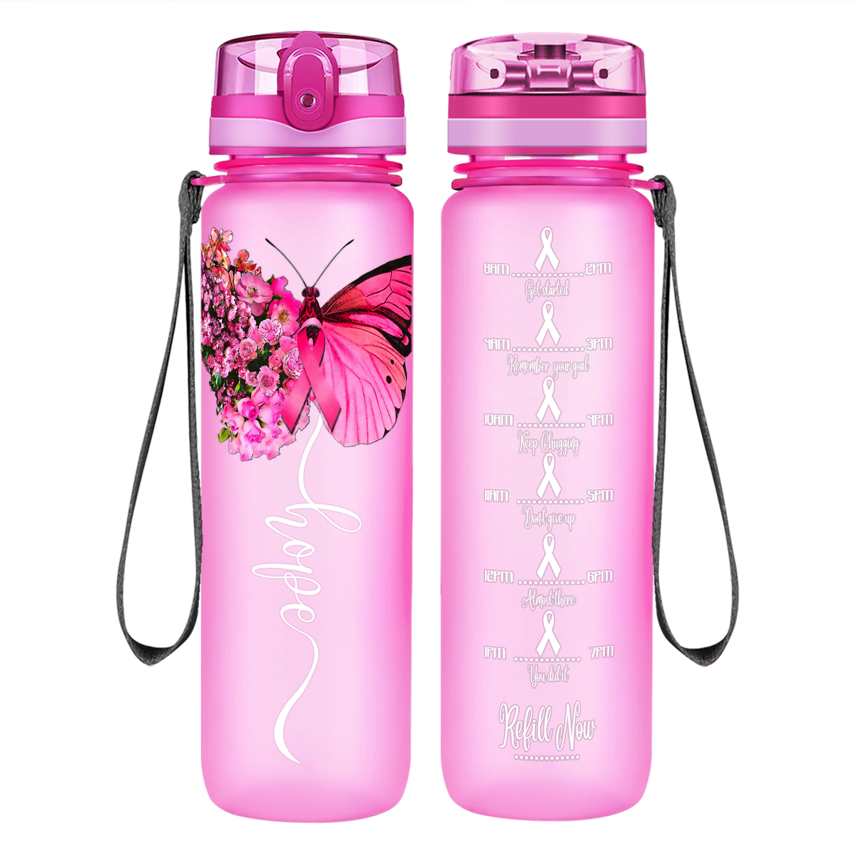 Breast Cancer Hope Butterfly on 32 oz Motivational Tracking Breast Cancer Awareness Water Bottle