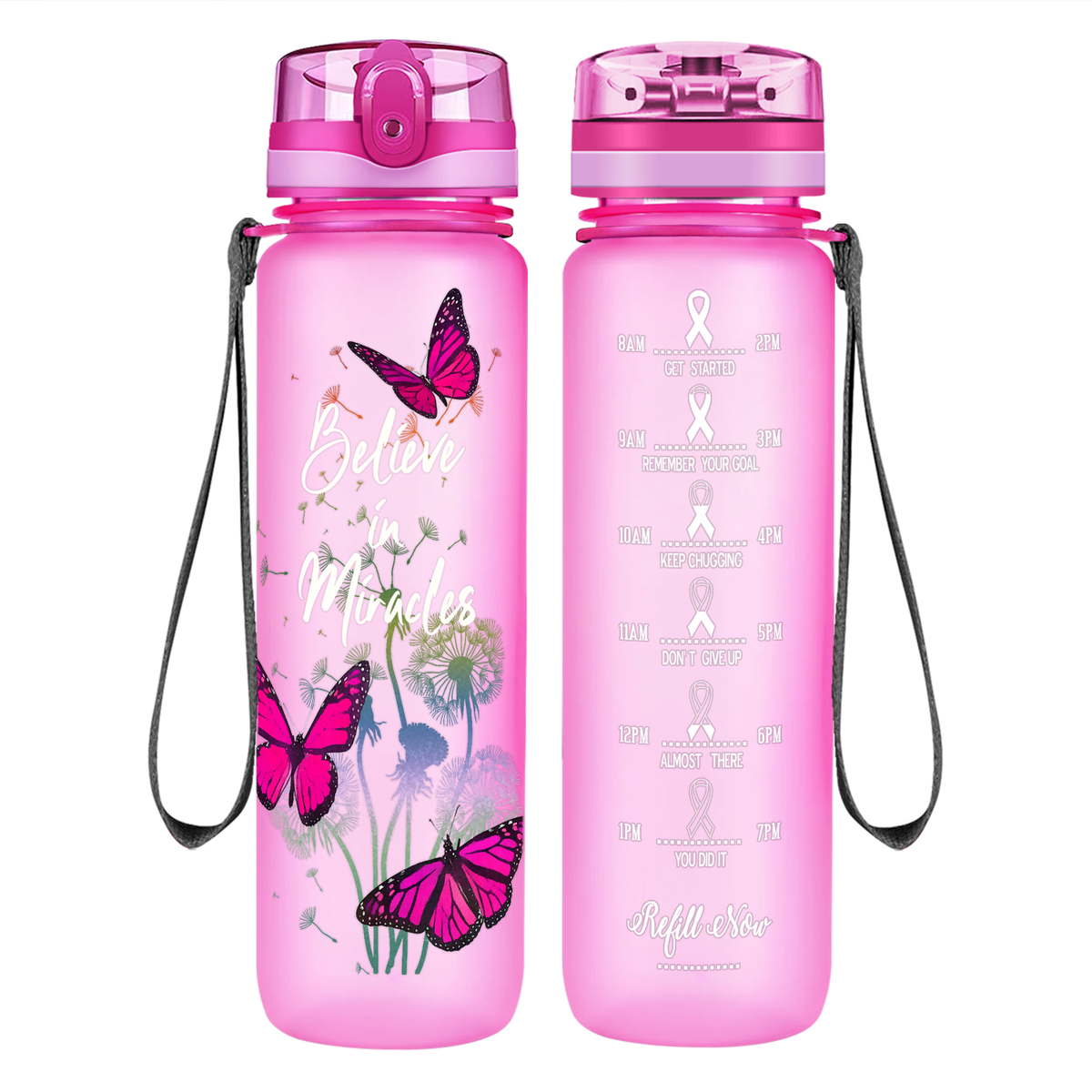 Believe in Miracles on 32 oz Motivational Tracking Breast Cancer Awareness Water Bottle
