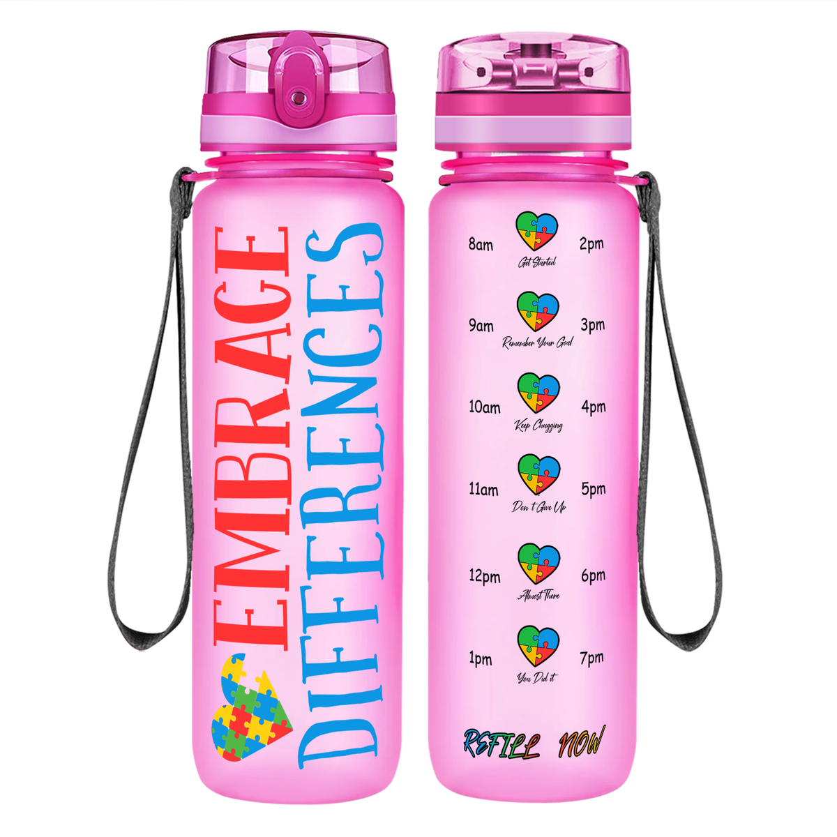 Embrace Differences on 32 oz Motivational Tracking Autism Water Bottle