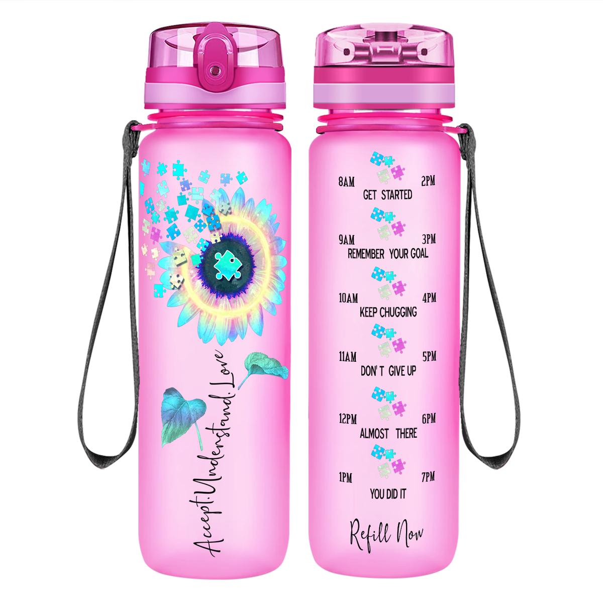 Accept Understand Love Autism Sunflower 32 oz Motivational Tracking Water Bottle
