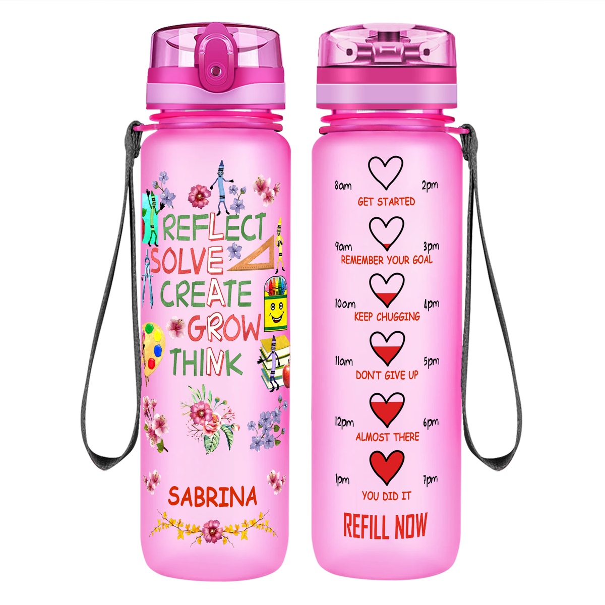 Personalized Reflect Solve Create Grow Think on 32 oz Motivational Tracking Water Bottle