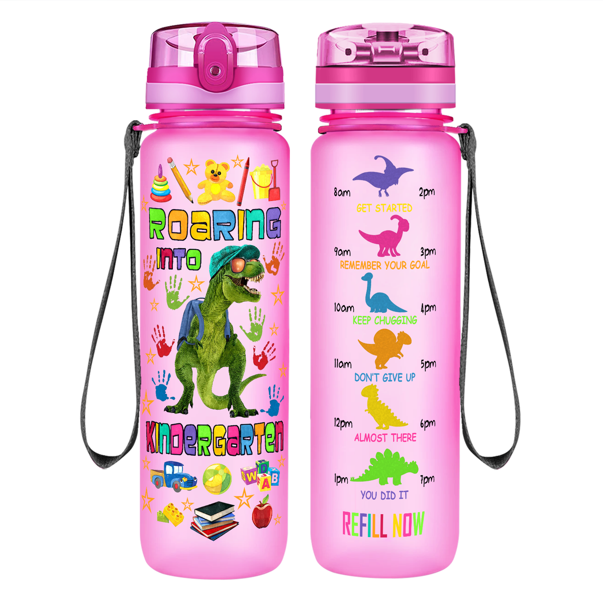 Roaring Into Kindergarten on 32 oz Motivational Tracking Water Bottle