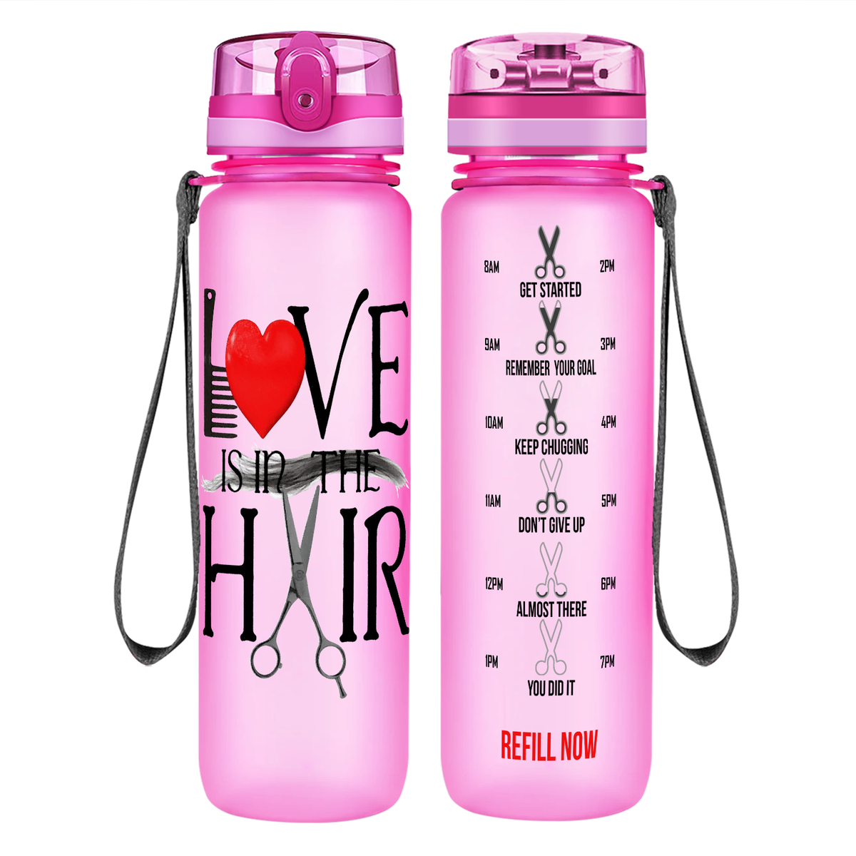 Love Is In The Hair on 32 oz Motivational Tracking Water Bottle