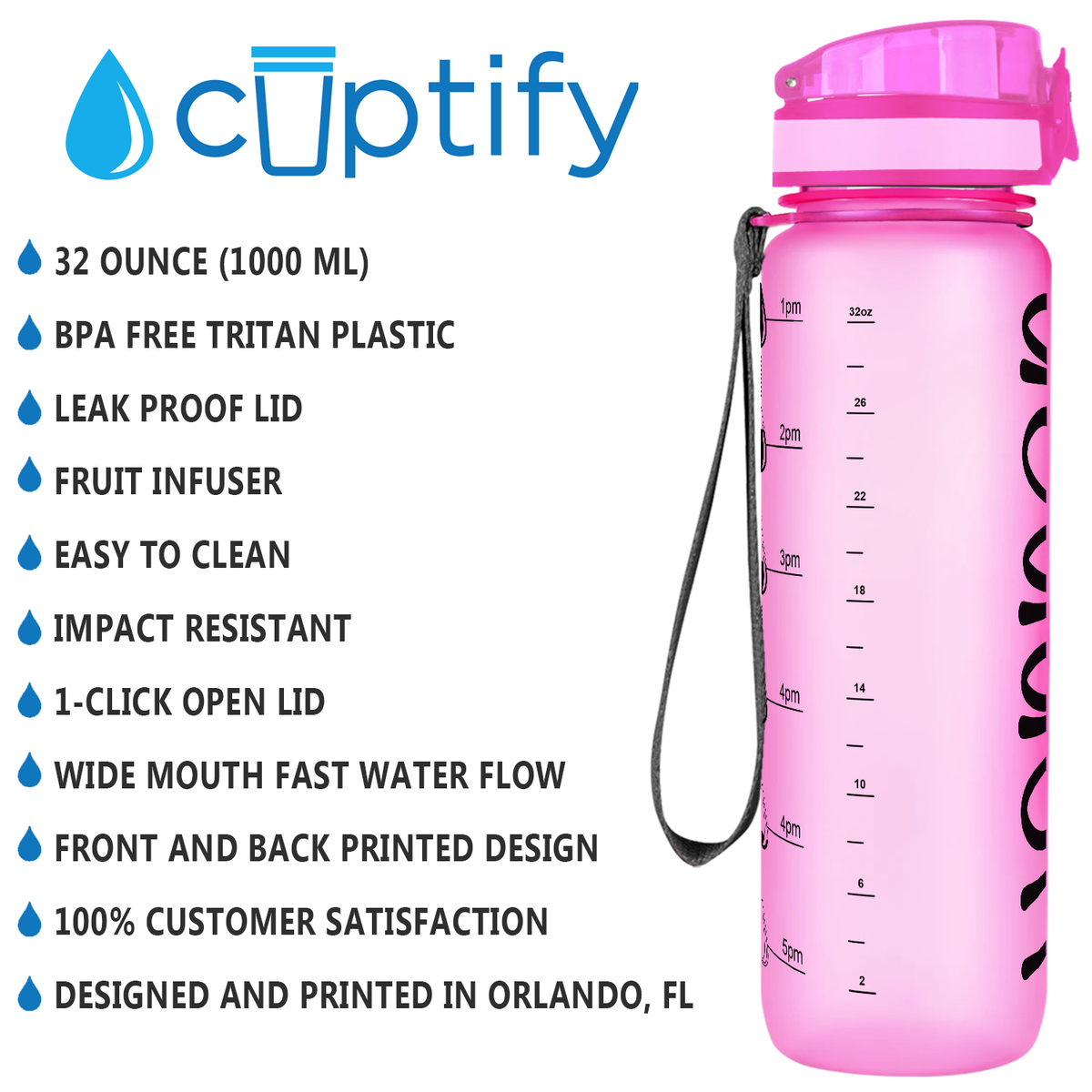 Kids Personalized on Pink Frosted 32 oz Motivational Tracking Water Bottle