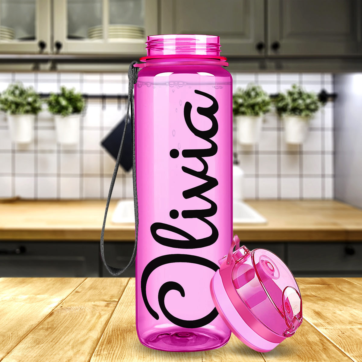 Kids Personalized on Pink Frosted 32 oz Motivational Tracking Water Bottle