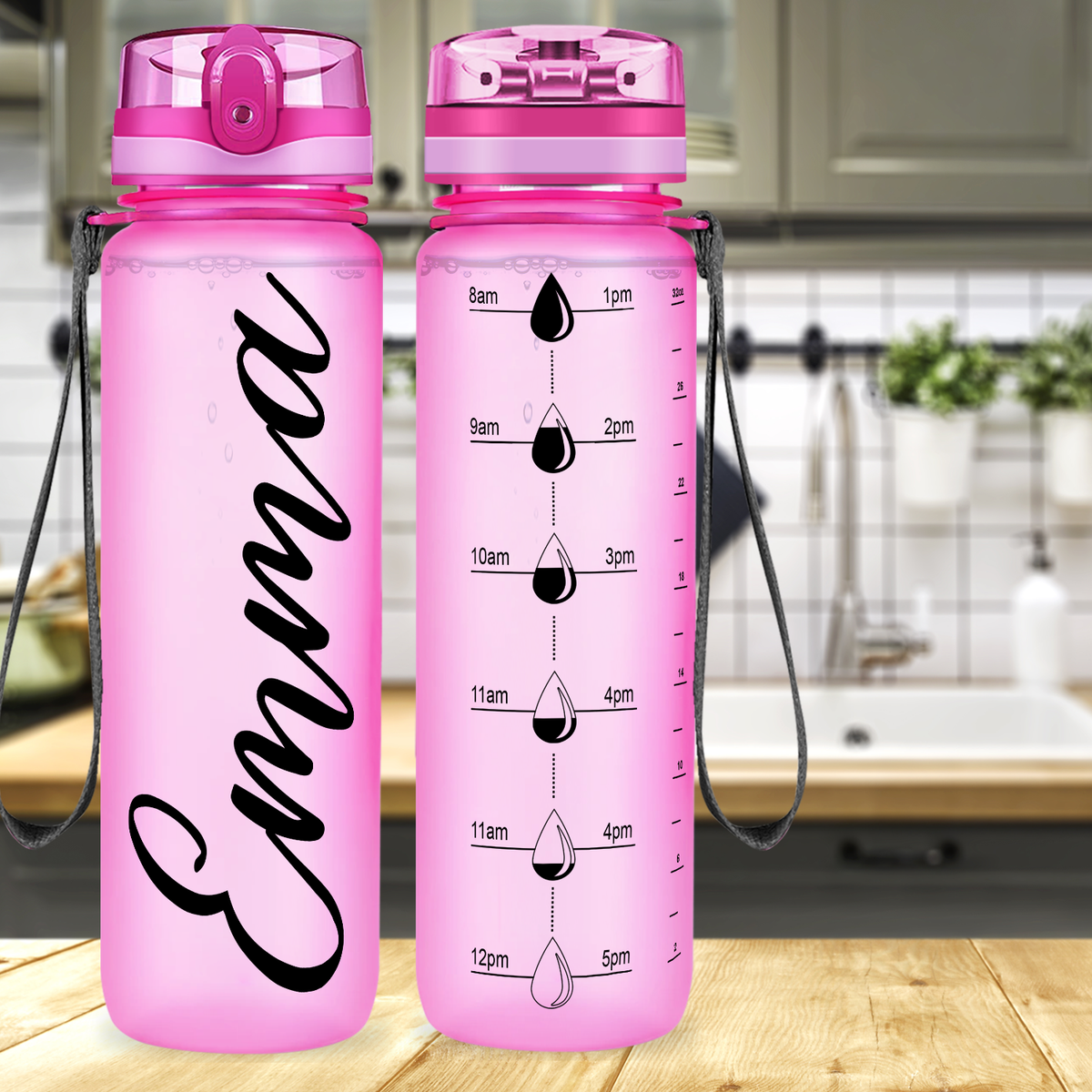 Kids Personalized on Pink Frosted 32 oz Motivational Tracking Water Bottle