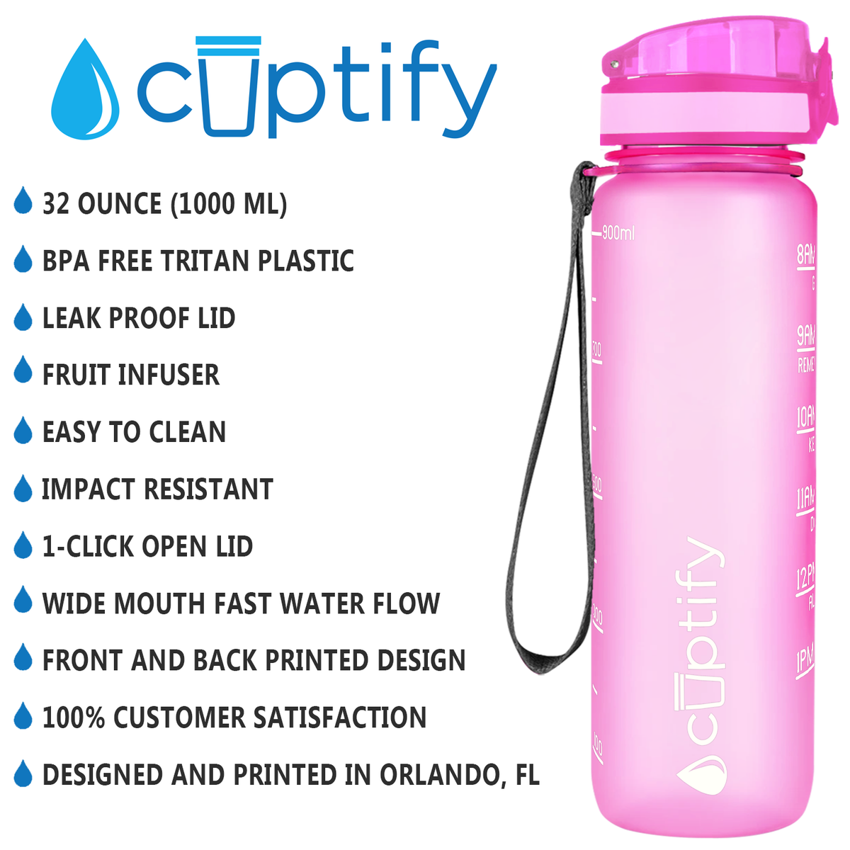 Cuptify Pink Frosted 32 oz Motivational Water Bottle