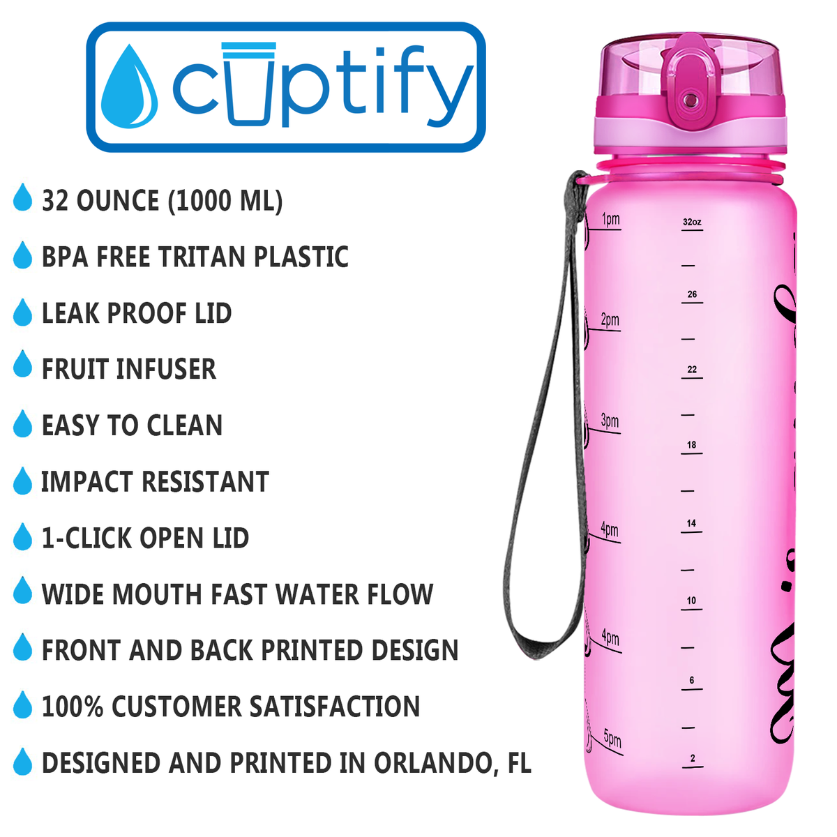 Pink Frosted 32 oz Personalized Motivational Tracking Water Bottle