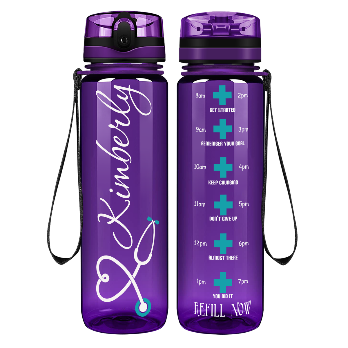 Personalized Nurse Heart Aqua Stethoscope on 32oz Motivational Tracking Water Bottle