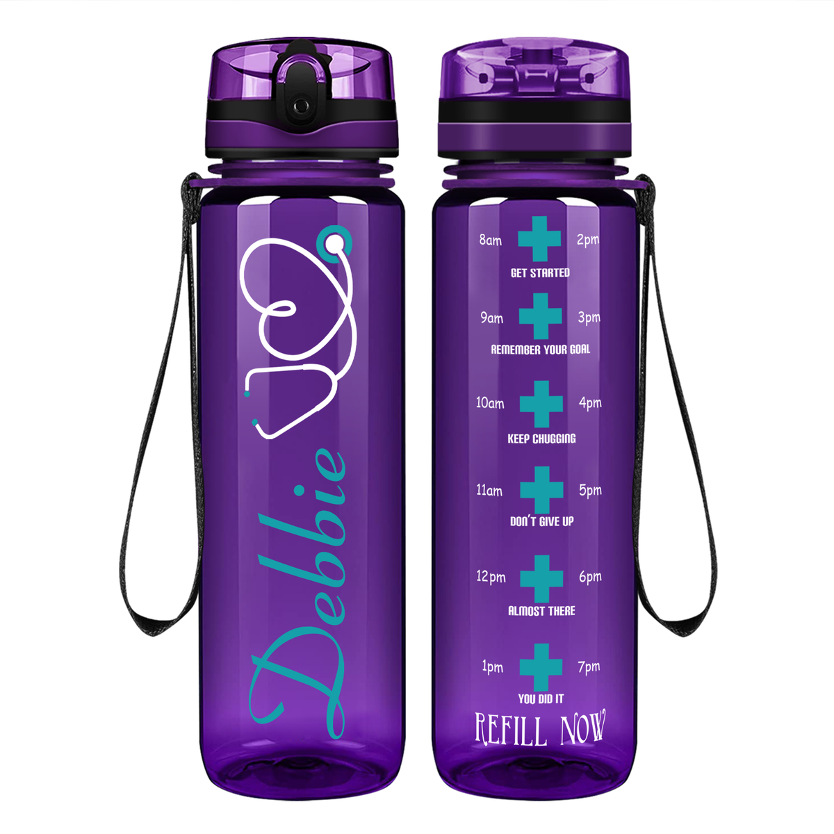 Personalized Nurse Name Aqua Stethoscope  on 32oz Motivational Tracking Water Bottle