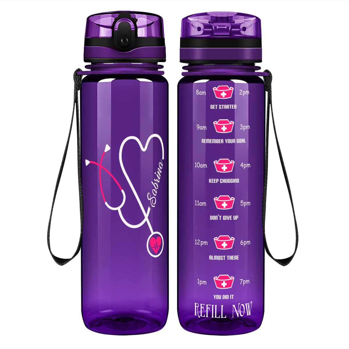 Personalized Nurse Pink Stethoscope Heart on 32oz Motivational Water Bottle