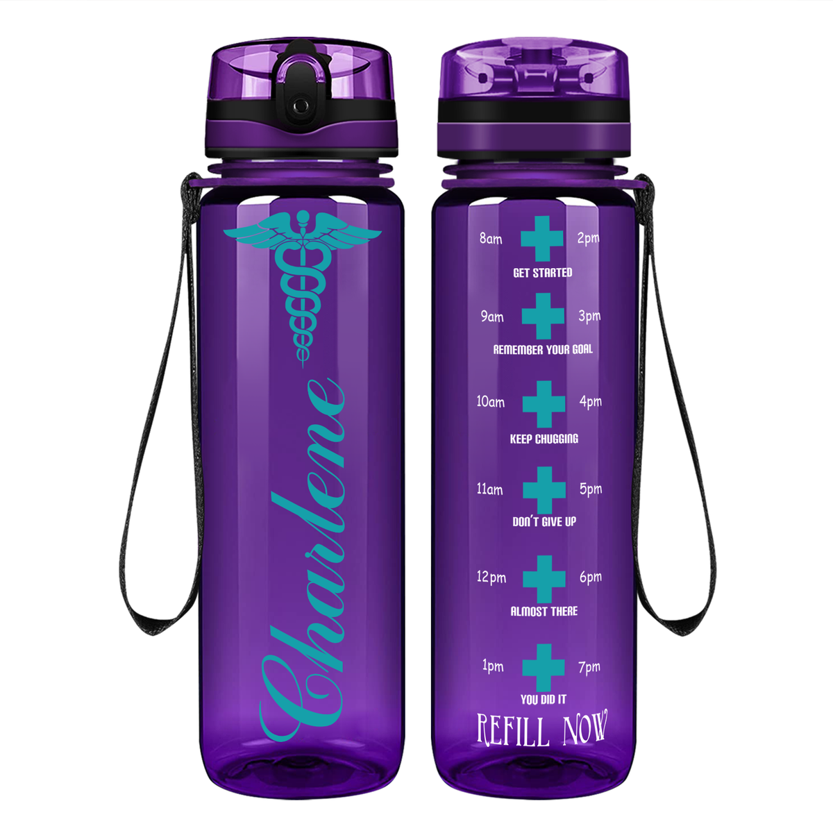 Personalized Nurse Caduceus on 32oz Motivational Tracking Water Bottle