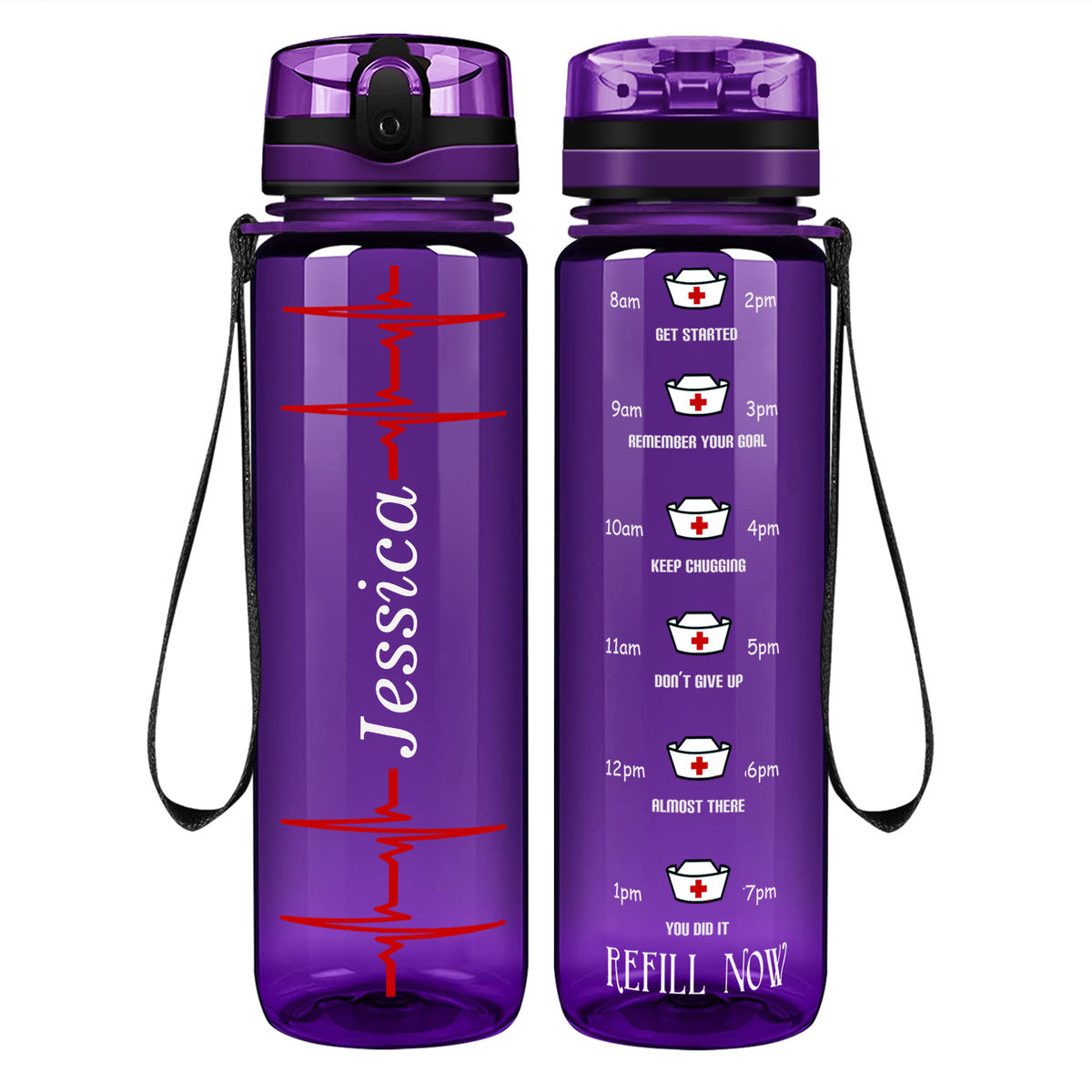 Personalized Nurse Water Bottle Heart Beat Pulse on 32oz Motivational Tracking Water Bottle