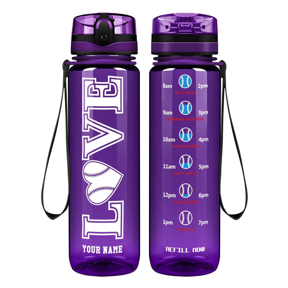 Personalized LOVE Baseball Heart on 32 oz Motivational Tracking Water Bottle