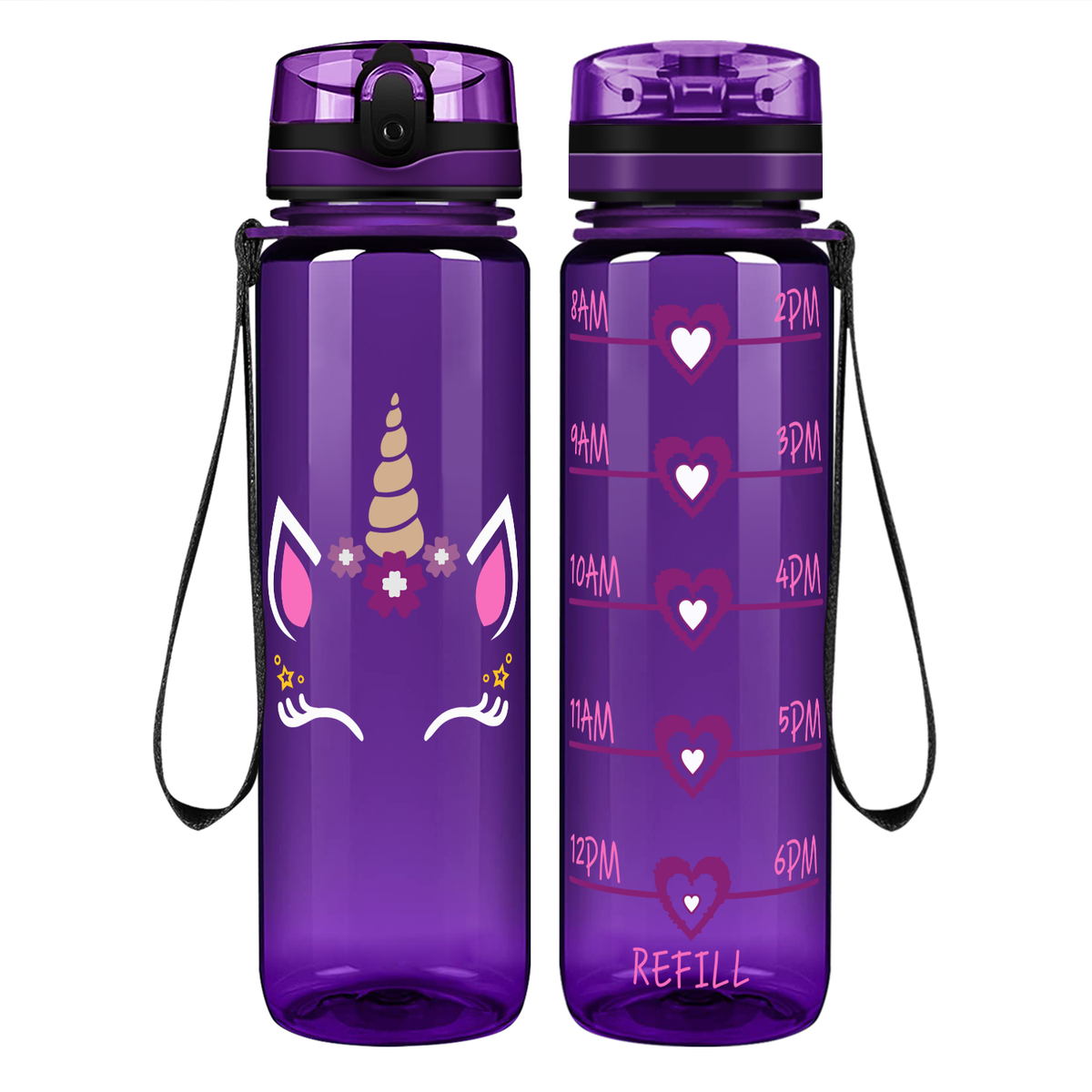 Unicorn Purple Face on 32 oz Motivational Tracking Water Bottle
