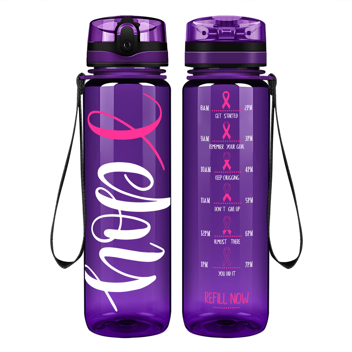 Hope Pink Ribbon on 32 oz Motivational Tracking Breast Cancer Awareness Water Bottle