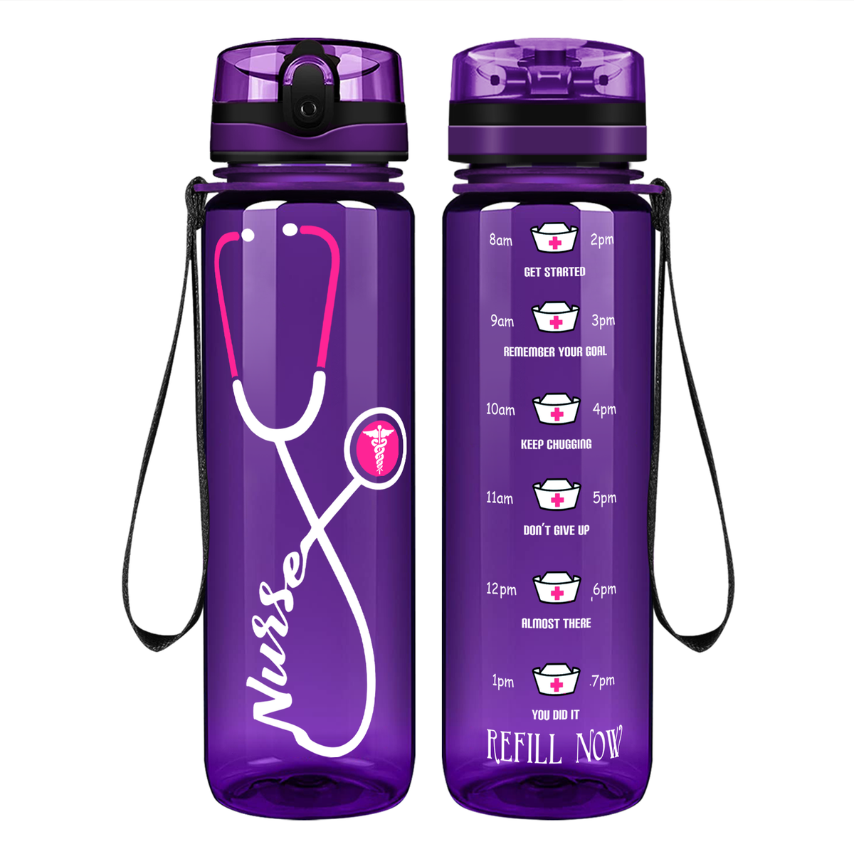 Personalized Nurse Pink Stethoscope on 32oz Motivational Tracking Water Bottle